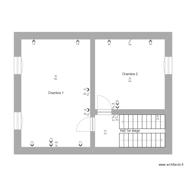 1e Etage. Plan de 3 pièces et 48 m2