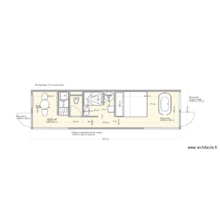 HOUSSE BOAT LONGUEUR. Plan de 3 pièces et 20 m2