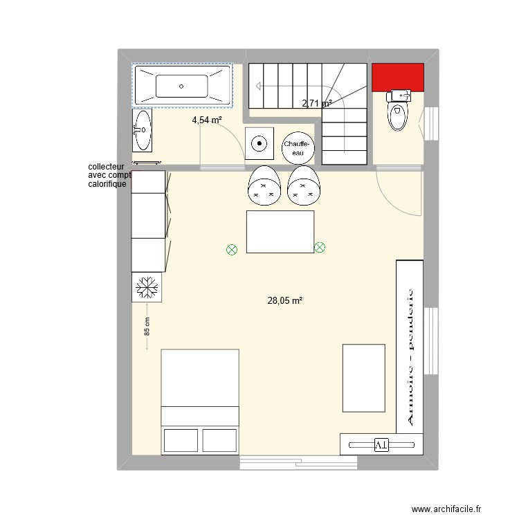 studio sous combles. Plan de 3 pièces et 35 m2