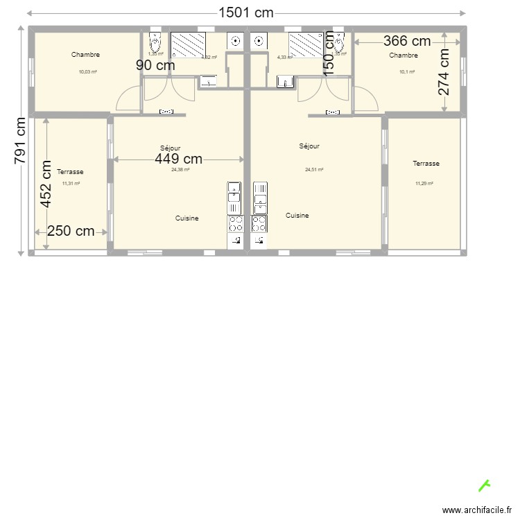 Doublette cotée. Plan de 10 pièces et 103 m2