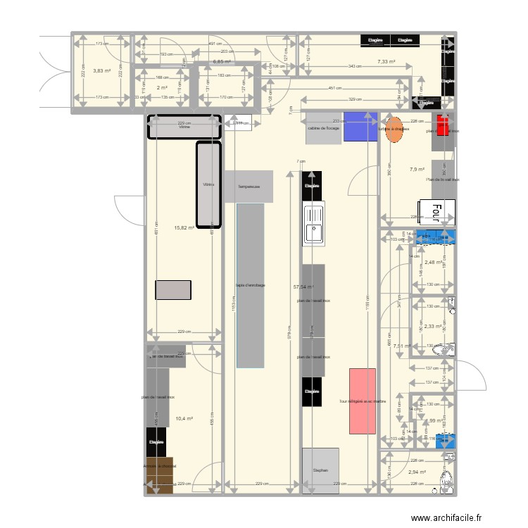 chocolaterie. Plan de 13 pièces et 129 m2