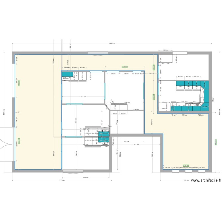 plan meubles avec éléments hauts. Plan de 5 pièces et 86 m2