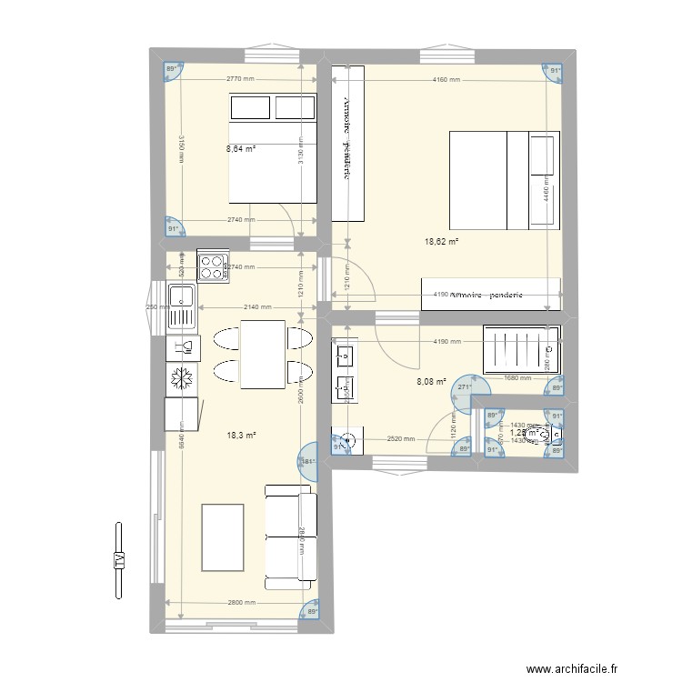 plan appartement version 4bis. Plan de 5 pièces et 55 m2