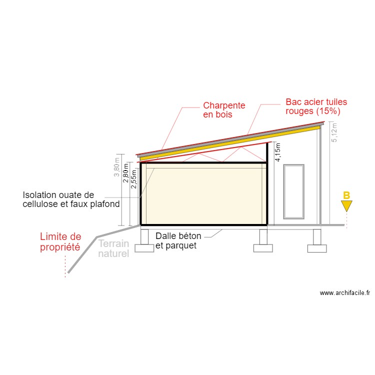 PC 3 coupe B projet. Plan de 1 pièce et 15 m2