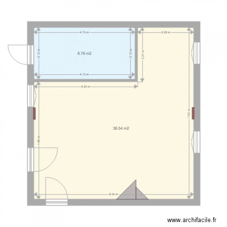 Pièce HUGO base. Plan de 2 pièces et 45 m2