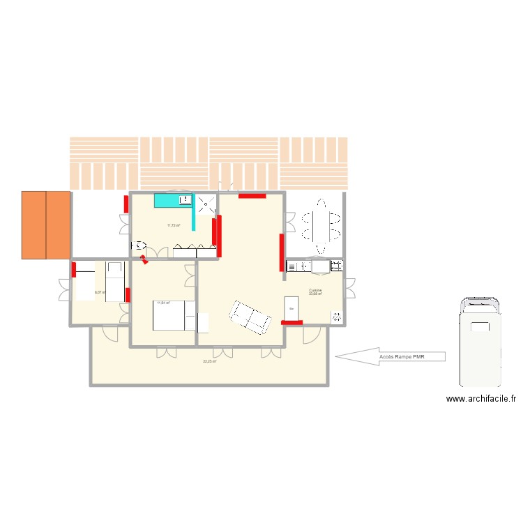 Belle Lady Termites murs rouges. Plan de 5 pièces et 88 m2