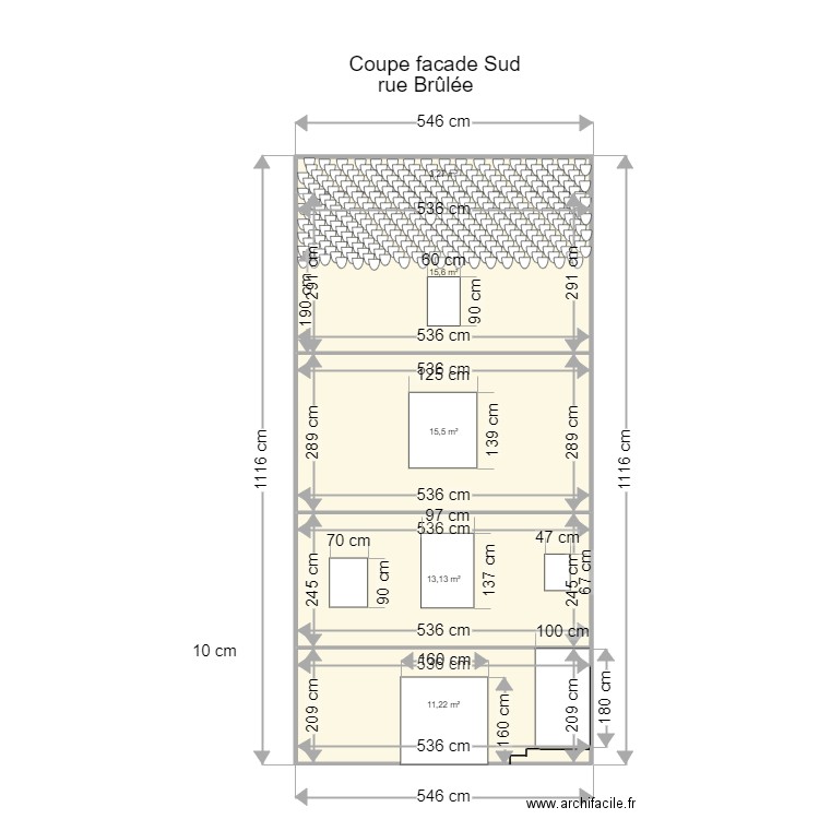 Coupe façade Sud Saint Côme bis. Plan de 5 pièces et 59 m2