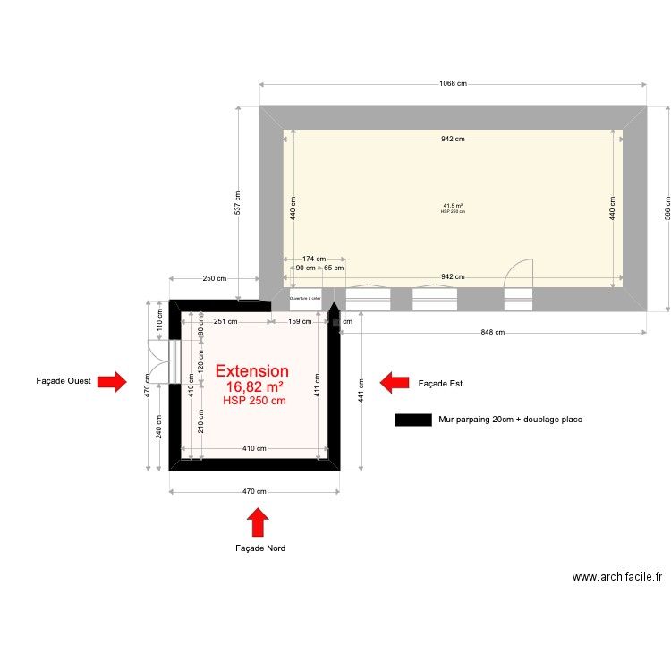 Vue de dessus extension - Issé. Plan de 2 pièces et 58 m2