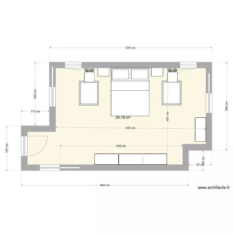 Chambre RDC meubl&eacute;e. Plan de 