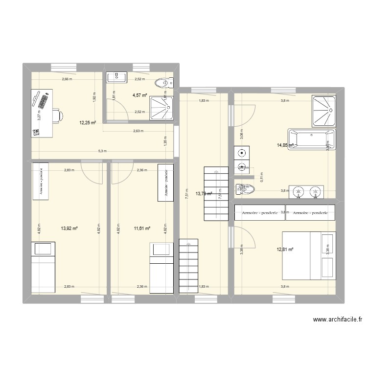 Etage 1. Plan de 7 pièces et 84 m2