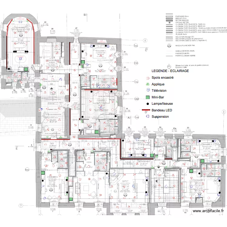 &eacute;lectricit&eacute; chambres. Plan de 