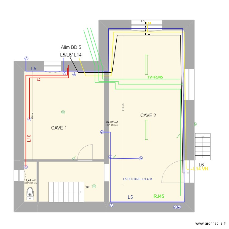 PC CAVE. Plan de 2 pièces et 66 m2