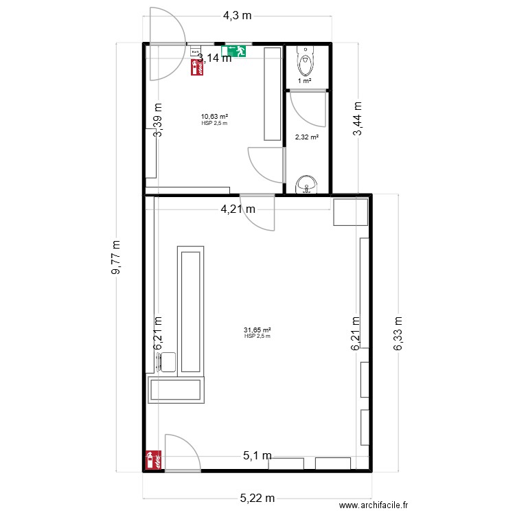 BUREAU. Plan de 4 pièces et 46 m2