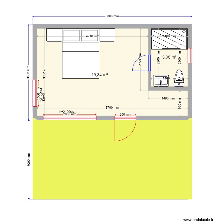 25Kk. Plan de 3 pièces et 35 m2