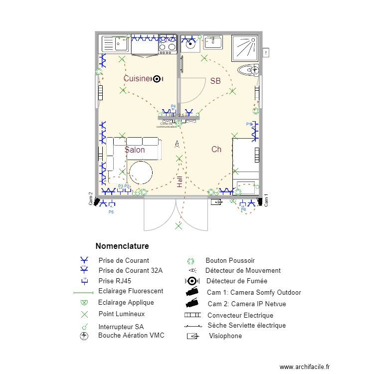 A16B Cellule 3D Plan Aménagement Architectural avec nomenclature 09MARS. Plan de 1 pièce et 23 m2