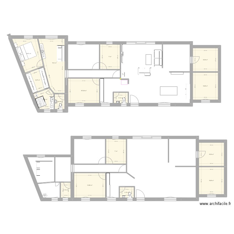agrandissement maison. Plan de 16 pièces et 115 m2
