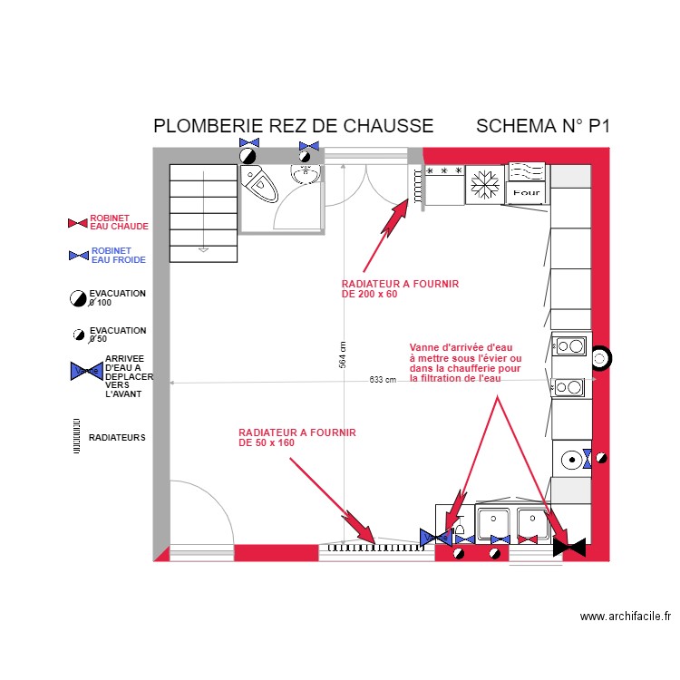 PLOMBERIE RdC. Plan de 1 pièce et 35 m2