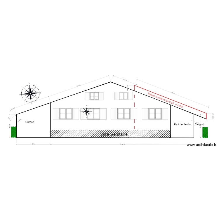 Facade Sud. Plan de 4 pièces et 53 m2