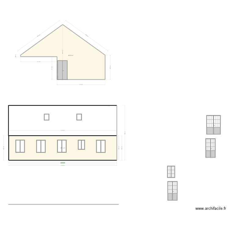 Hausler façade arrière et pingon nord. Plan de 2 pièces et 72 m2