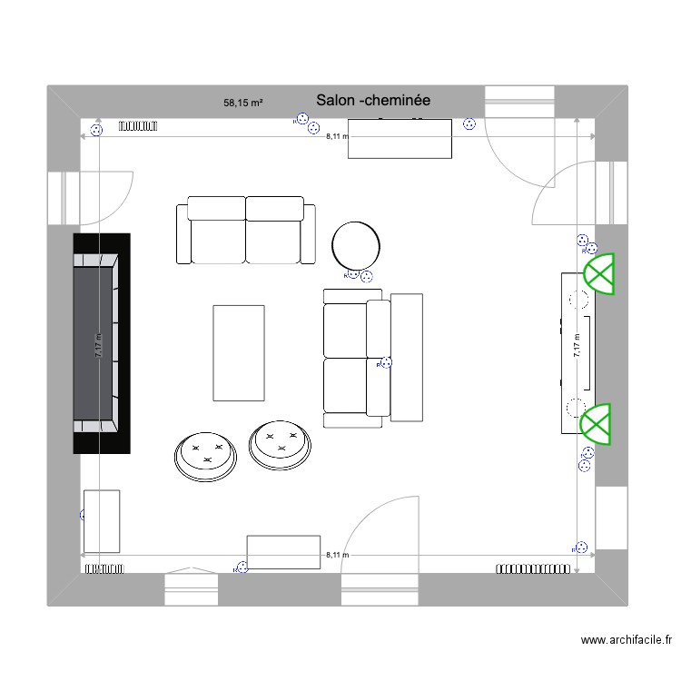 salon cheminée. Plan de 1 pièce et 58 m2