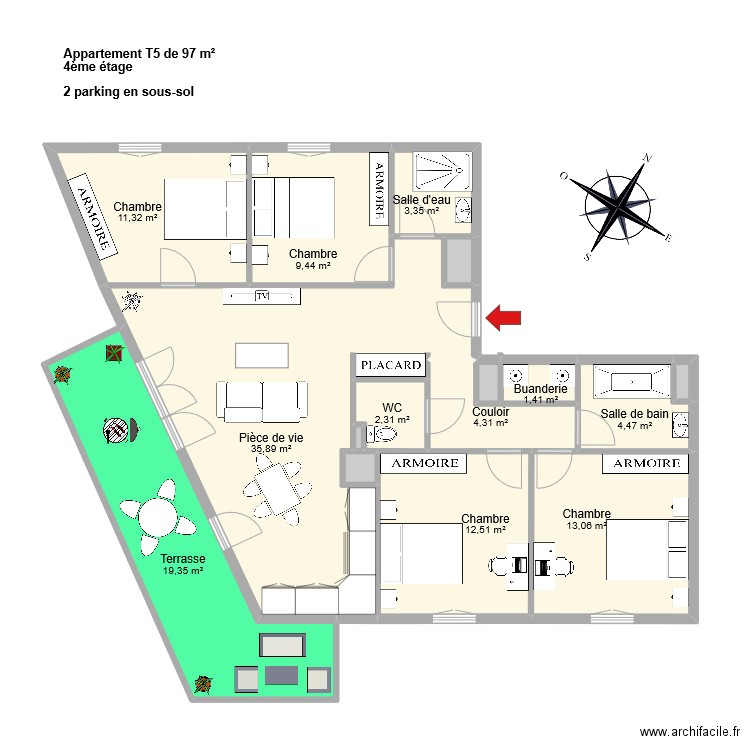 BOUYGUES VMF T4 97m² LOT A401. Plan de 16 pièces et 119 m2