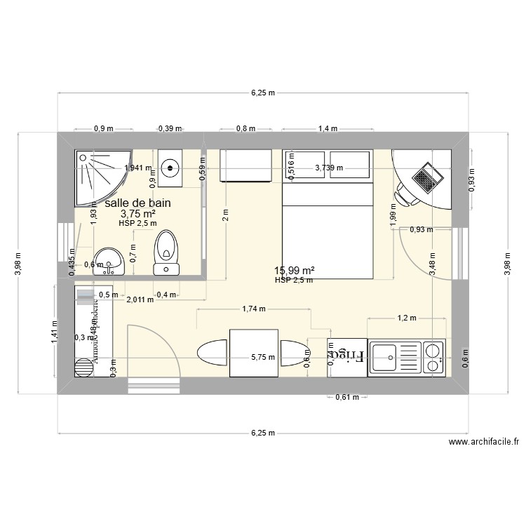 cabane jardin. Plan de 2 pièces et 20 m2