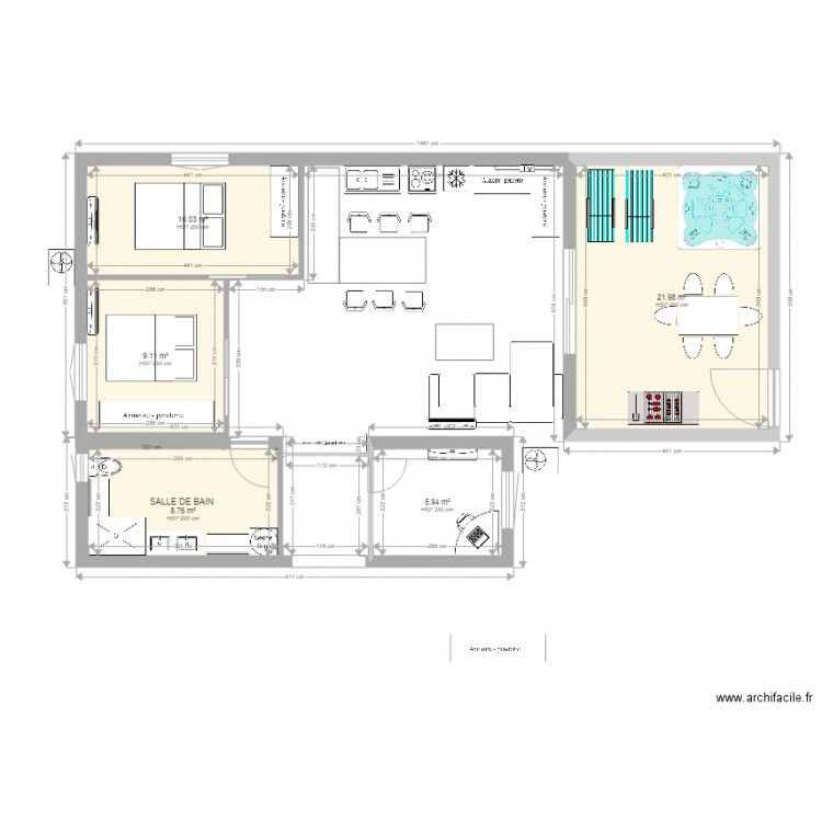 projet 2 chambres terrasse 22m2 portes galendage . Plan de 5 pièces et 56 m2