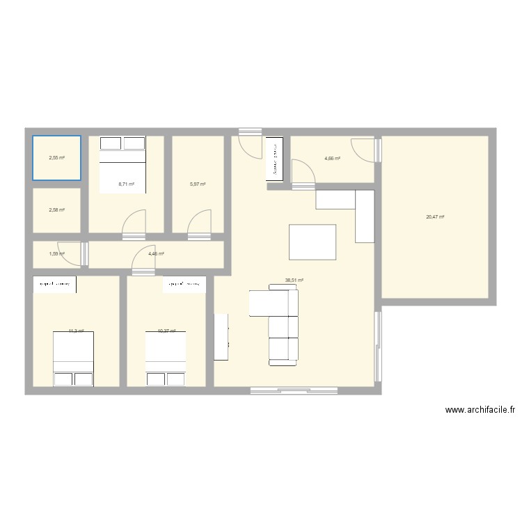 maison rectangle. Plan de 11 pièces et 111 m2