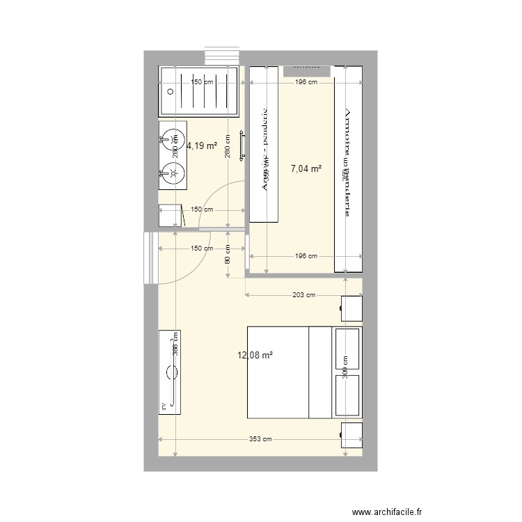 Suite parentale version initiale. Plan de 3 pièces et 23 m2