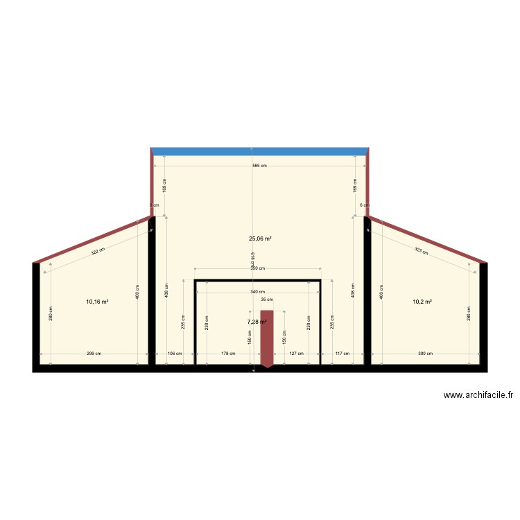 toit un pan. Plan de 4 pièces et 53 m2