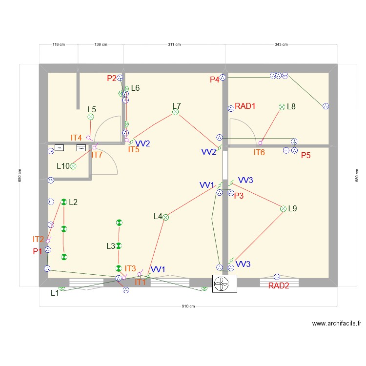 Studio 2 Electricité Normanclature. Plan de 5 pièces et 52 m2