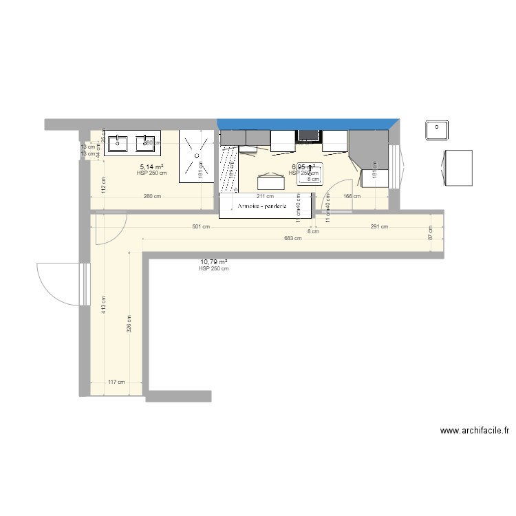 buandrie  SDB modification3. Plan de 3 pièces et 23 m2