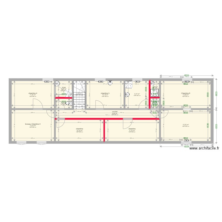 plan actuel du 1er etage MACONNNERIE. Plan de 14 pièces et 111 m2