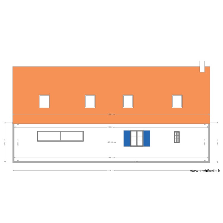 Facade OUEST . Plan de 1 pièce et 44 m2