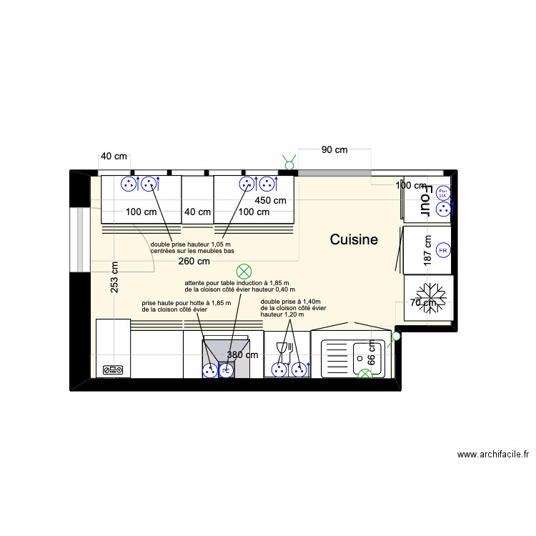 PLAN CUISINE EQUIPEE PORTE GALANDAGE 90 CM. Plan de 1 pièce et 11 m2