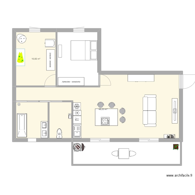 T3 70 m3. Plan de 2 pièces et 57 m2