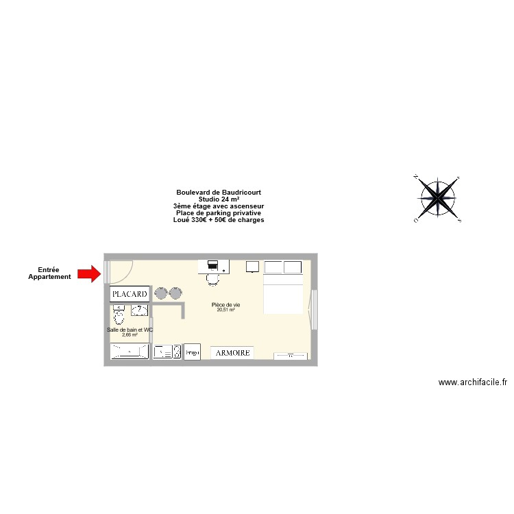 DUSSAUSSOIS Villers. Plan de 3 pièces et 24 m2