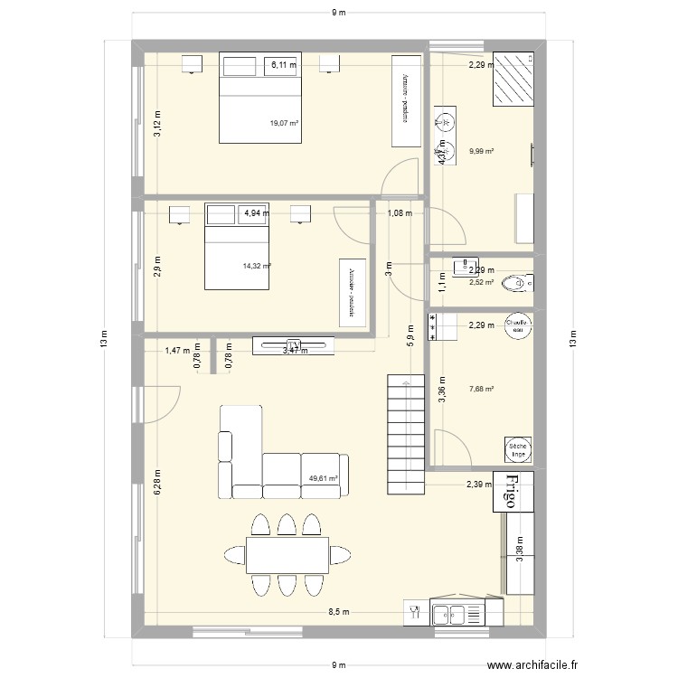 FECHE 2. Plan de 6 pièces et 103 m2