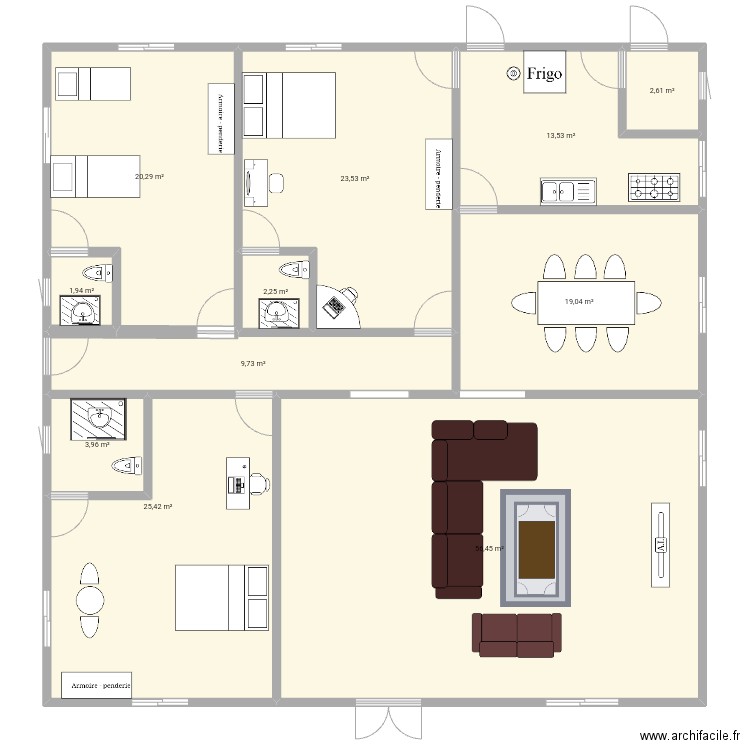 plan de 3 chambres salon avec salle à manger et cuisine . Plan de 0 pièce et 0 m2