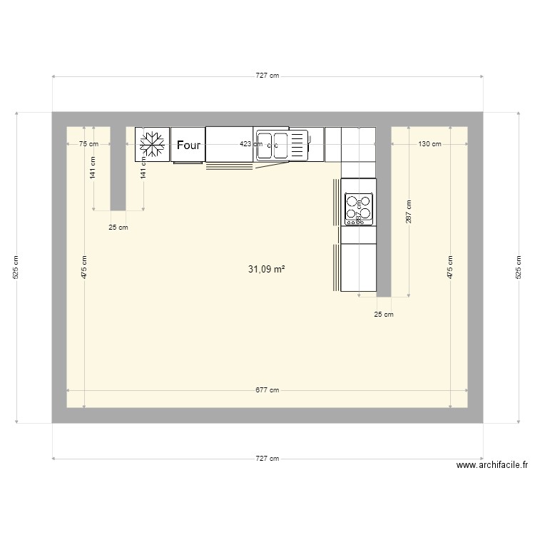 cuisine. Plan de 1 pièce et 31 m2