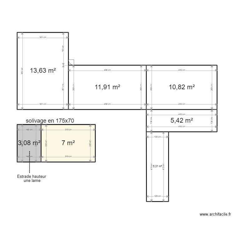 boite de nuit . Plan de 7 pièces et 57 m2