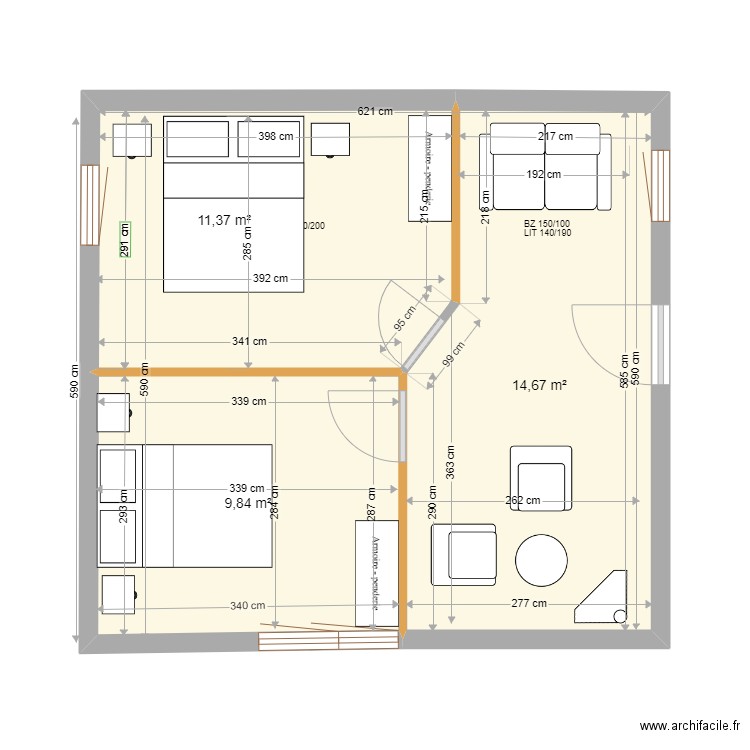 petite maison P-6. Plan de 3 pièces et 36 m2