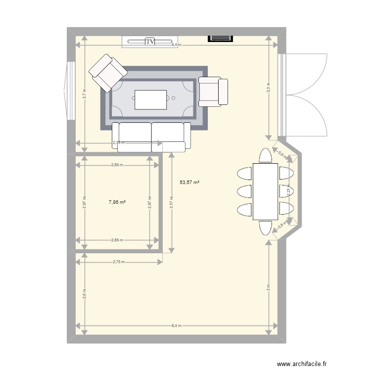 Salon flo. Plan de 2 pièces et 61 m2