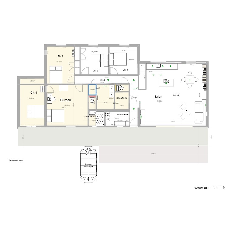 Projet Extension. Plan de 12 pièces et 61 m2