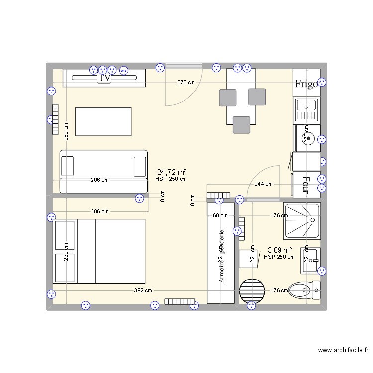 Cuisine. Plan de 2 pièces et 29 m2