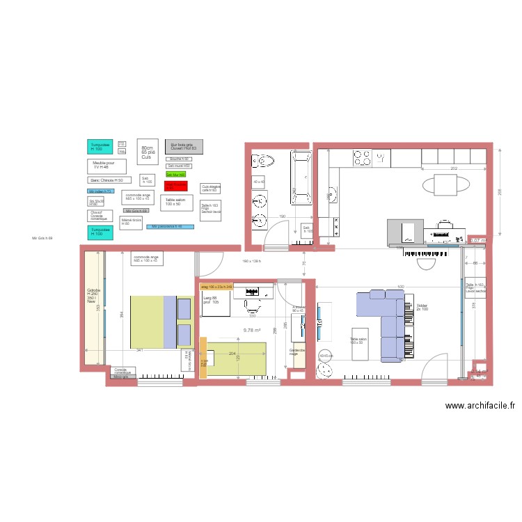 Malakoff coin cuisine Sof mesures. Plan de 3 pièces et 10 m2