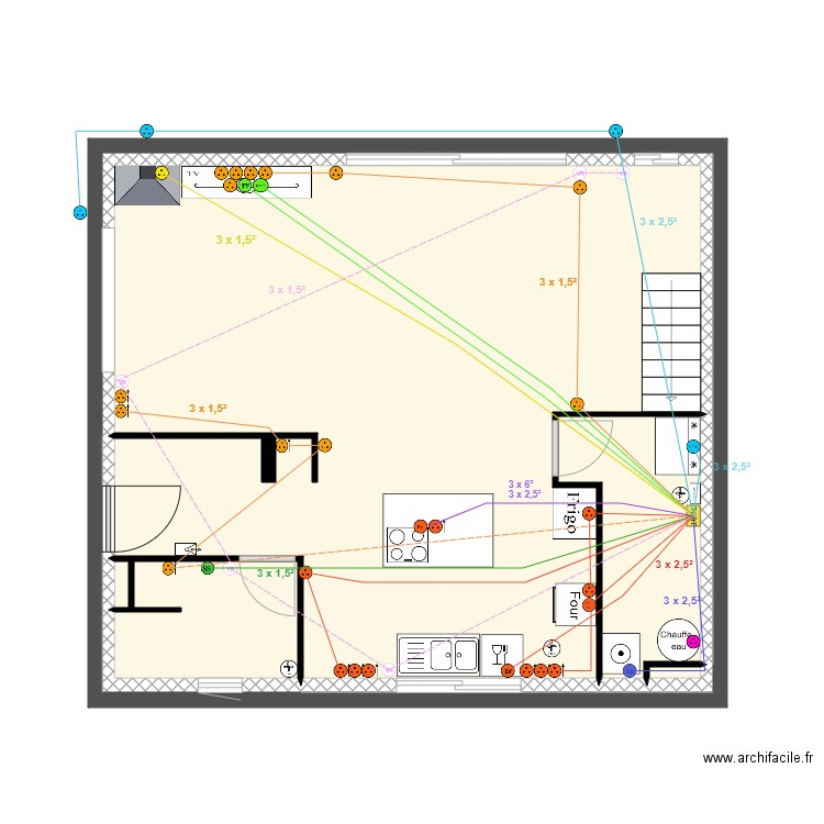 Maison rdc électricité  Circuit prise. Plan de 6 pièces et 116 m2