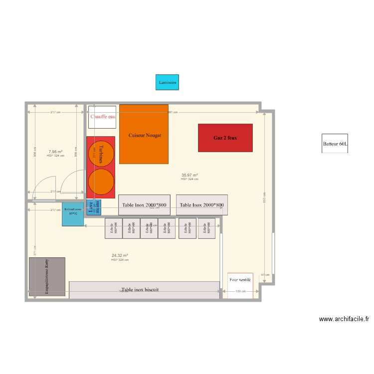 Confiserie . Plan de 3 pièces et 68 m2