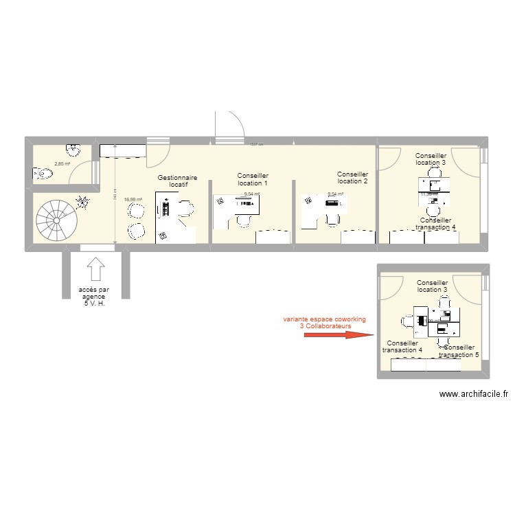 amenagement agence 3 VH 4 bureaux + Gestionnaire. Plan de 6 pièces et 63 m2