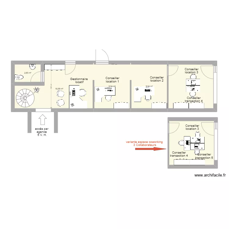 amenagement agence 3 VH 4 bureaux + Gestionnaire. Plan de 